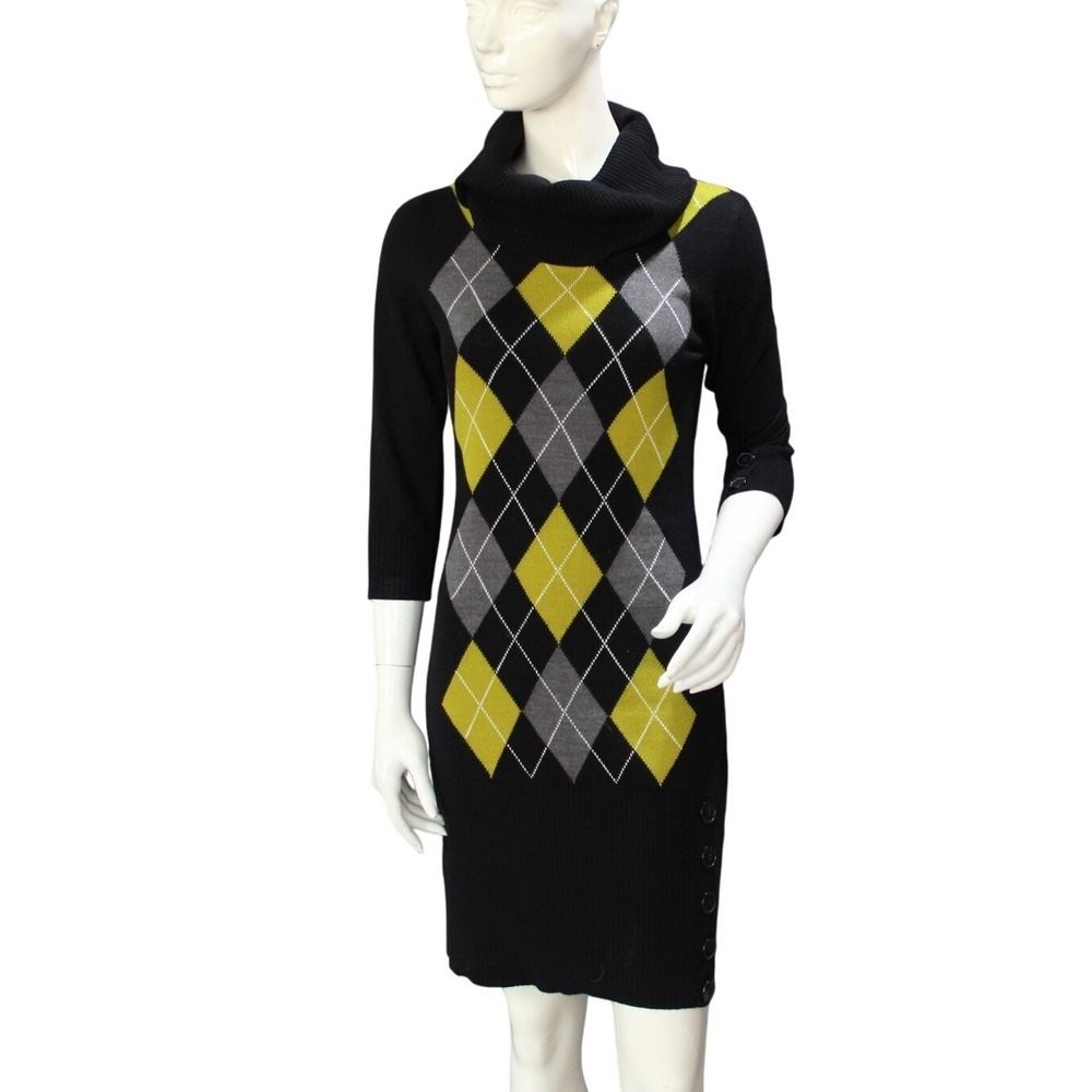 Sandra Darren Black Argyle Turtleneck Sweater Dress Size Small Acrylic Knit